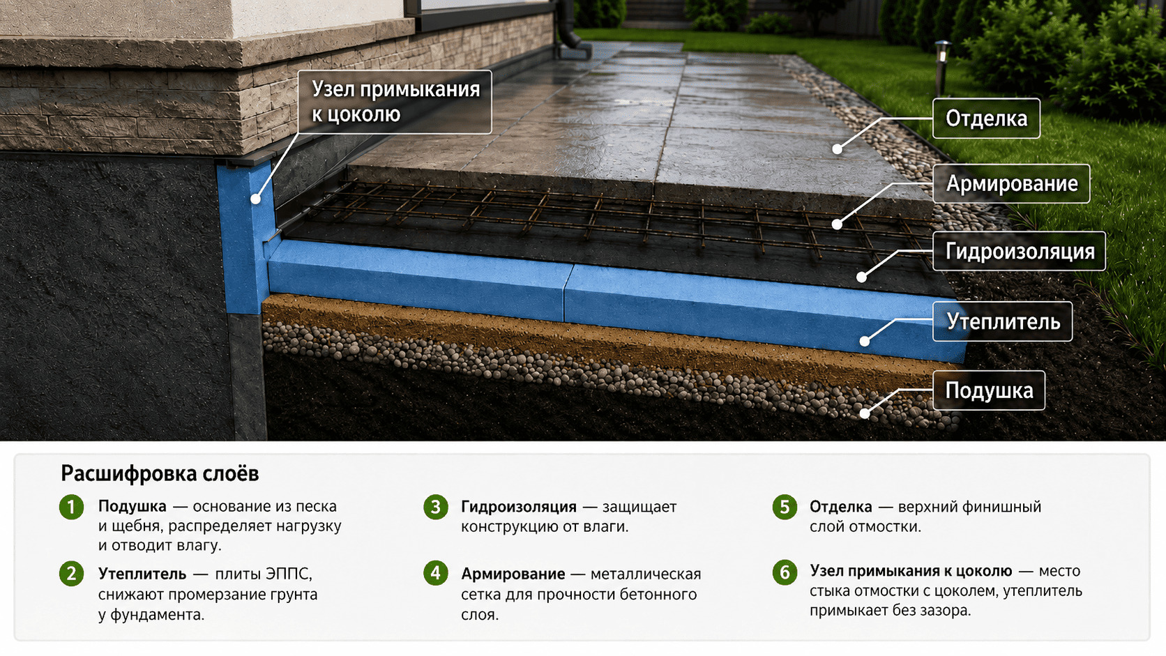 разрез пирога утепленной отмостки вокруг дома